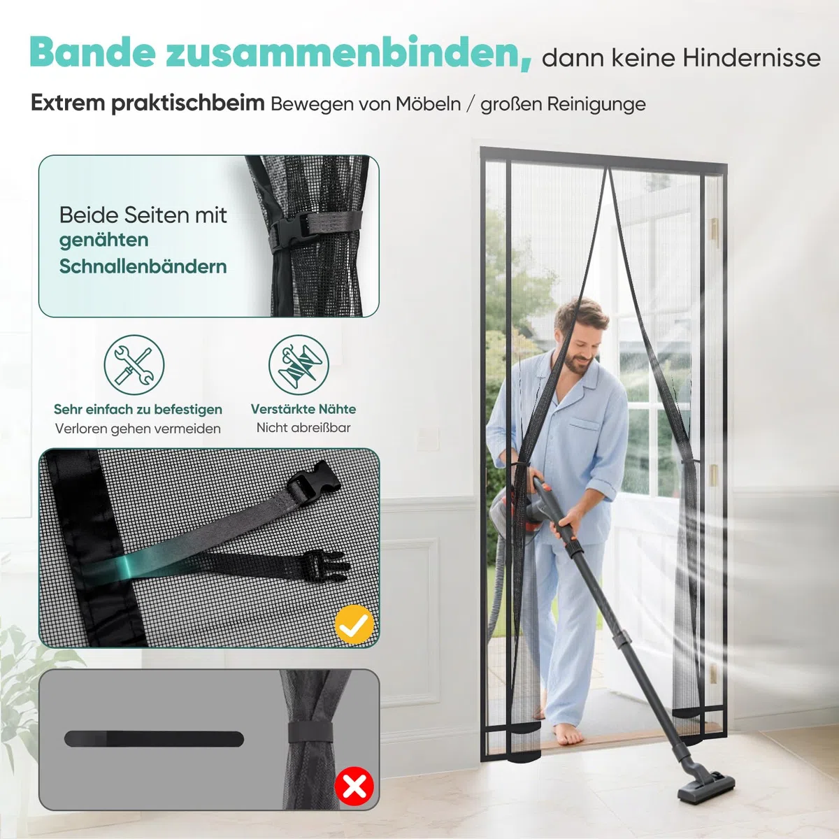 Sekey Zanzariera Magnetica Porta Finestra Regolabile- Cinghie a Clip Cucite Doppio Lato| Senza Traforare| Nastro adesiva 4cm in Cima, Insetti Protezione per Balcone 120 x 220 cm