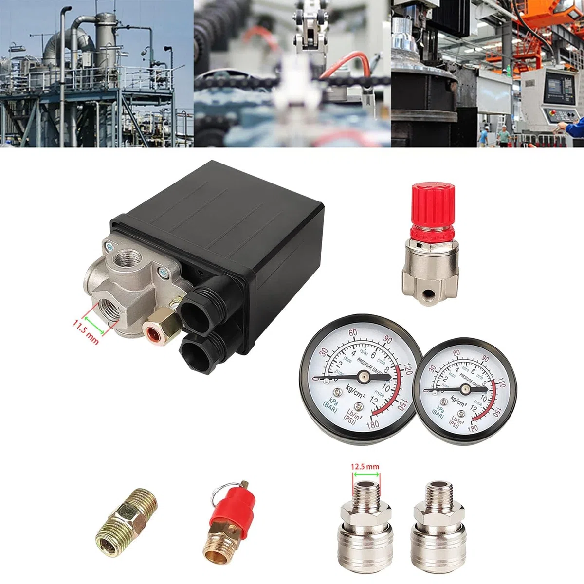 Pressostato per compressore ad aria, 220V valvola di controllo per compressore ad aria, pressostato compressore con valvola di sicurezza e manometro, 6,2~8,3 bar per regolazione della pressione