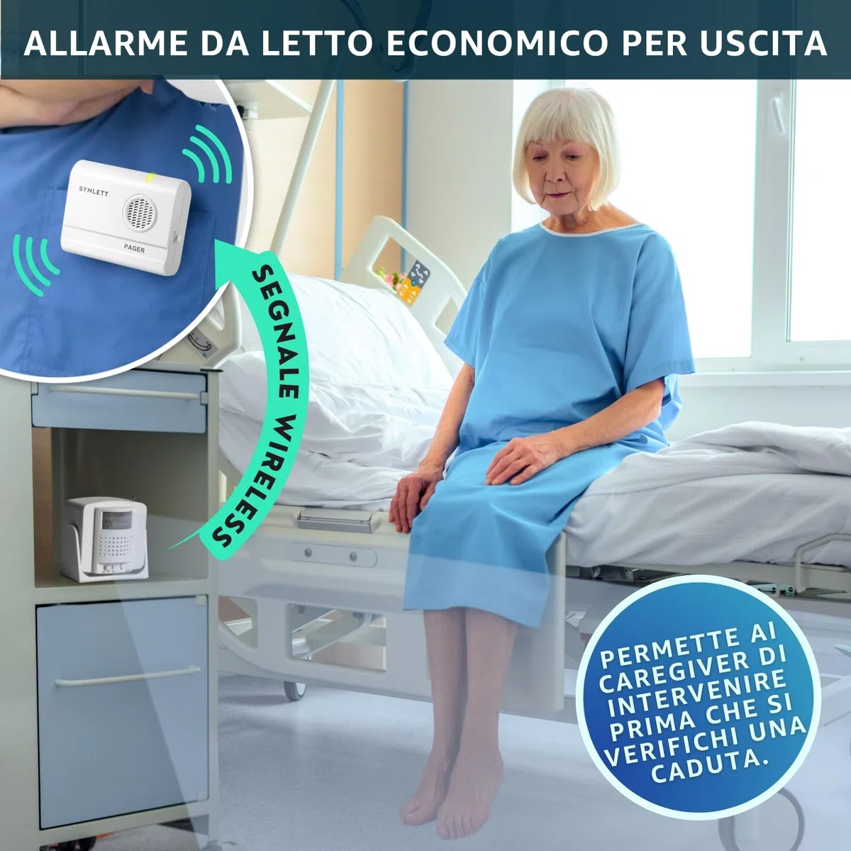 Cercapersone con 1 Sensore di Movimento e 1 Pager Portatile Sistema di Allarme da Letto per Anziani Prevenzione Cadute Teleassistenza Casa RSA Ospedali