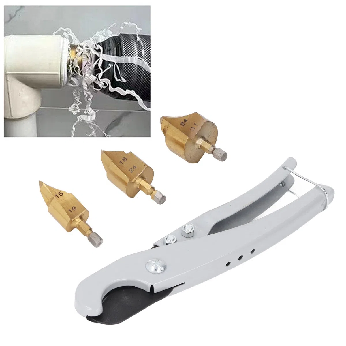 Kit 3 Pezzi Frese Svasatrici PPR per Tubi Idraulici in Plastica con Tagliatubi Rapido – Punte a Scalino 1531mm per Riparazione e Allargamento