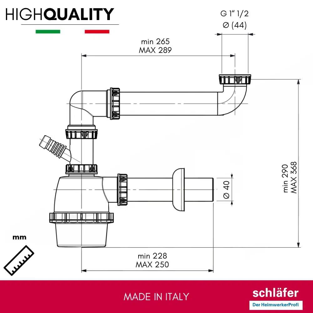 Schläfer 4395311 | Sifone Universale a Fiasco salvaspazio per Lavelli a 1 vasca con Attacco Lavastoviglie 1"1/2 - Uscita Diam 40mm, Scarico Lavandino ad un Bacino con Rosone, Bianco