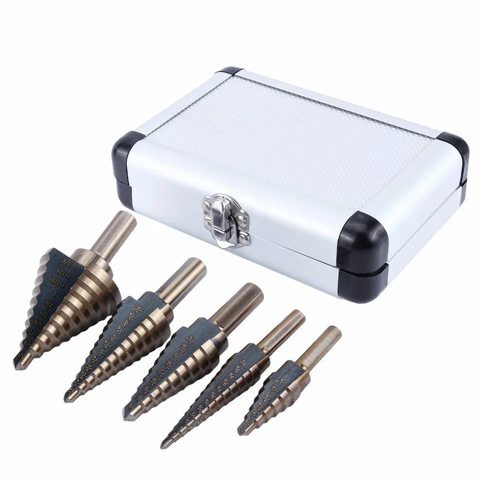Yosoo HSS 5 Pz Set di Fresa Conica a Gradini a Gradini Cono Trapano Set Coated High Speed Steel con Aluminum Box