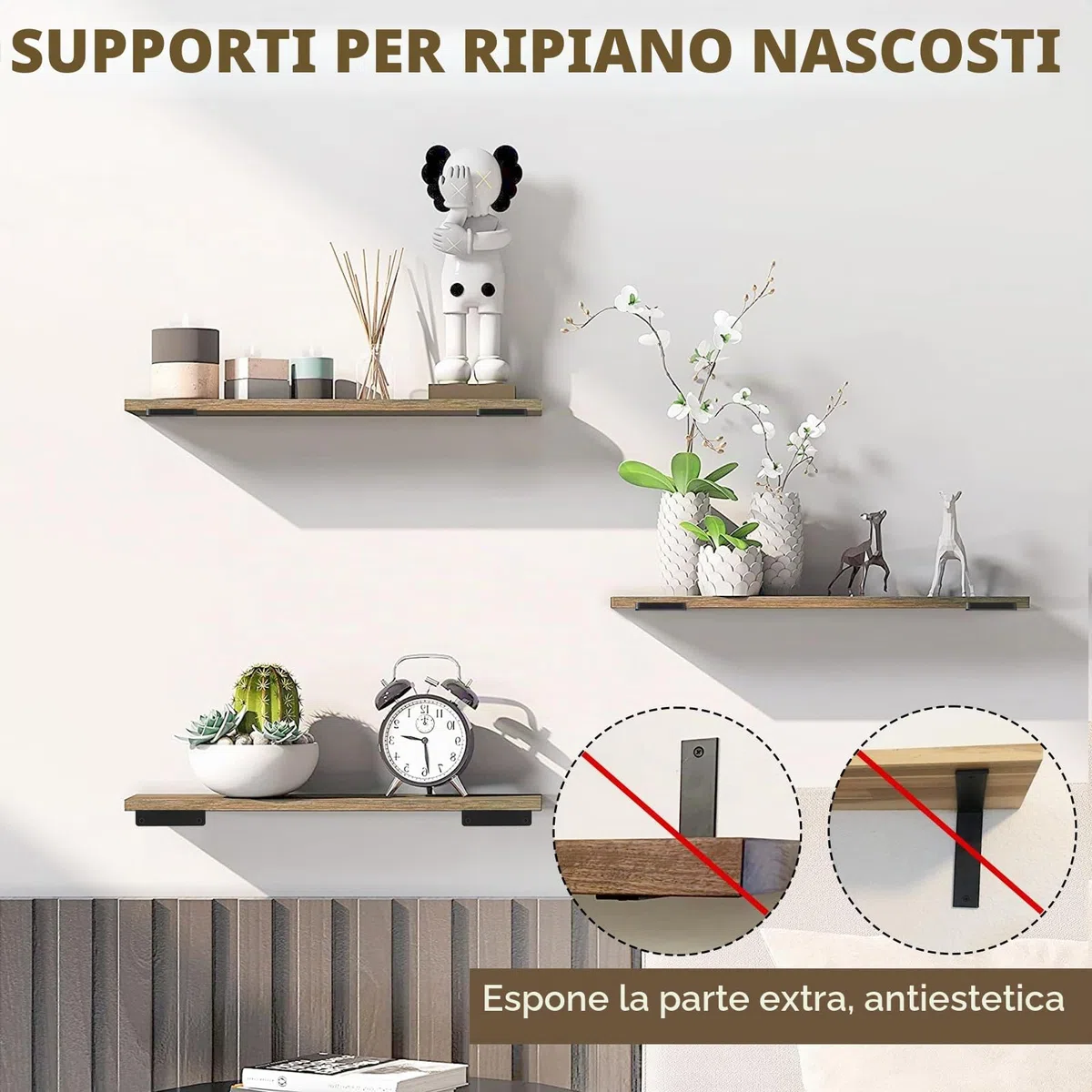 Staffa per mensole resistente, staffa rustica per mensole galleggianti per montaggio a parete, 6 staffe per mensole industriali nere (confezione da 6 pollici)
