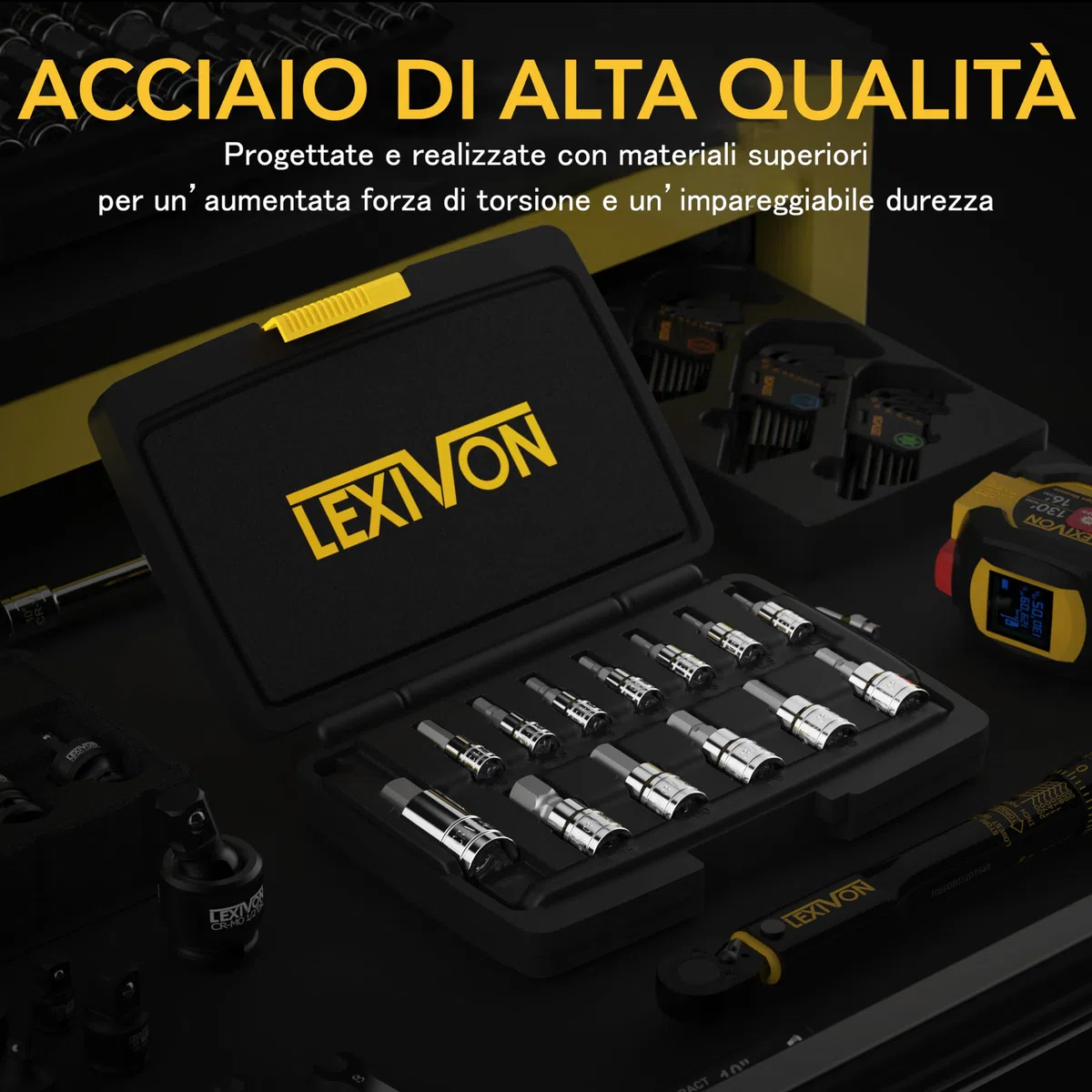 LEXIVON Set di Chiavi a Bussola con Punta Esagonale per Chiave Dinamometrica, Chiave a Cricchetto e Avvitatore a Batteria, 13 pezzi Metrici 2 mm - 14 mm, in Lega di Acciaio S2, in Valigetta (LX-141)