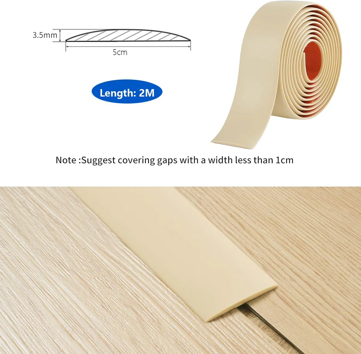 2M Striscia di Transizione per Pavimenti in Laminato Striscia di Soglia Profilo di Transizione Autoadesivo PVC e Vinile, Striscia di Giunzione per Pavimenti, 5cm Beige Giallastro