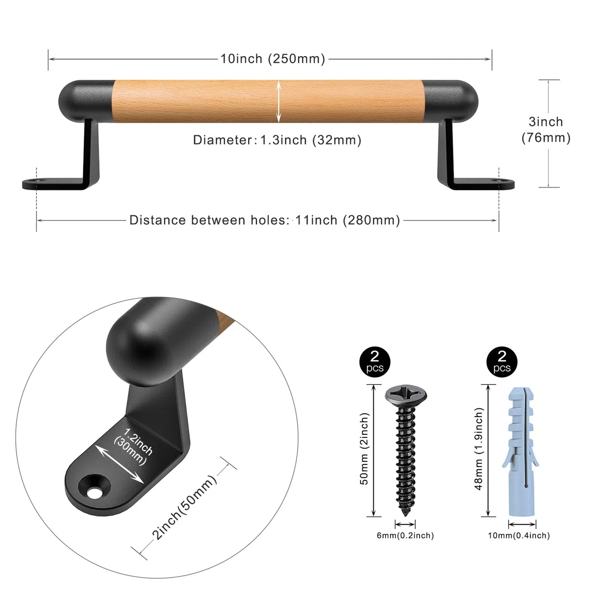 Dolibest 25cm Corrimano in legno, Maniglia per cancello di recinzione in legno, 2 supporti in metallo resistenti, Maniglia per porta scorrevole resistente per cancello, porta del fienile, armadio