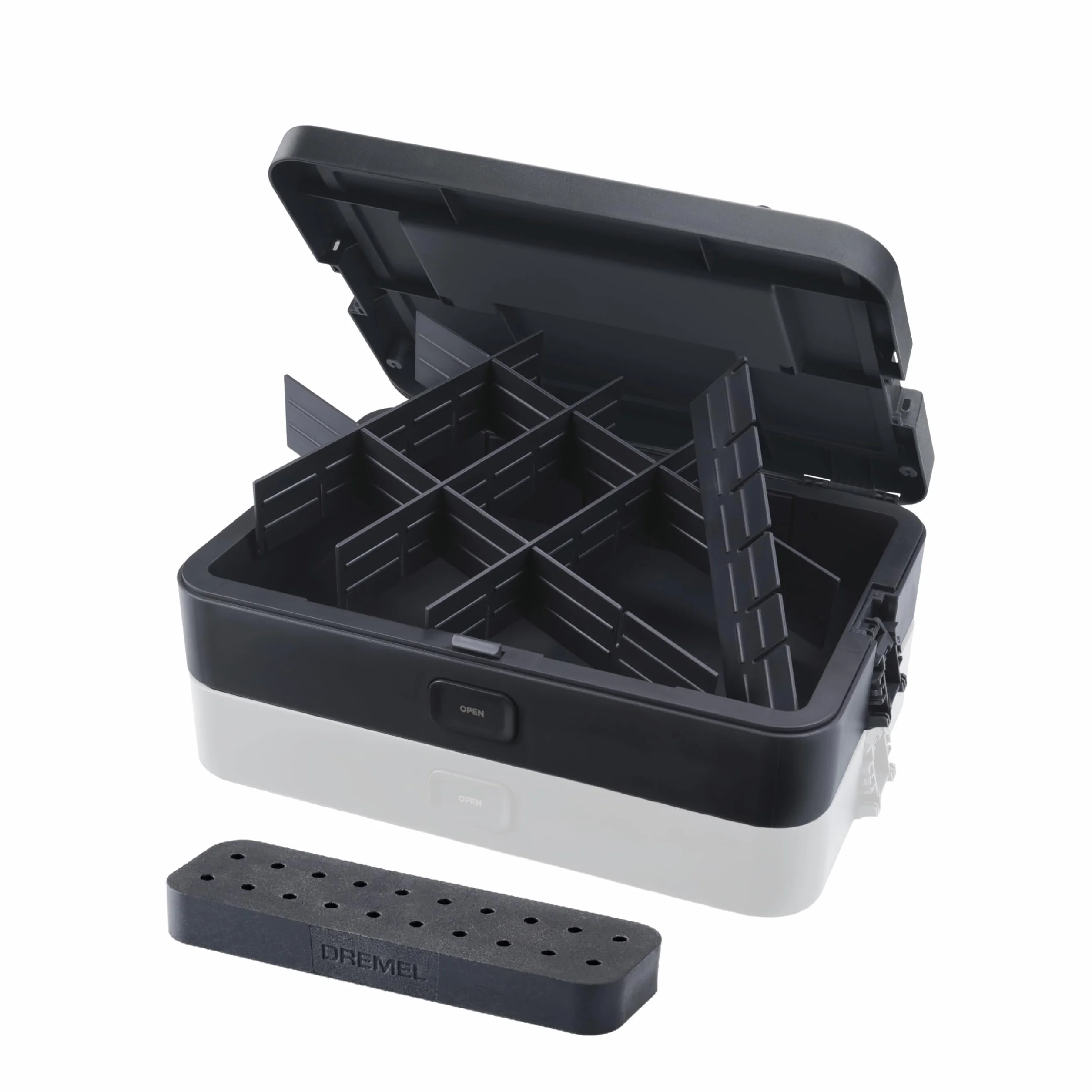 Dremel Black Box Porta Utensili con 6 divisori, supporto accessori organizer fai-da-te personalizzabile per accessori per utensili rotativi, piccoli utensili sistema di stoccaggio compatto, impilabile