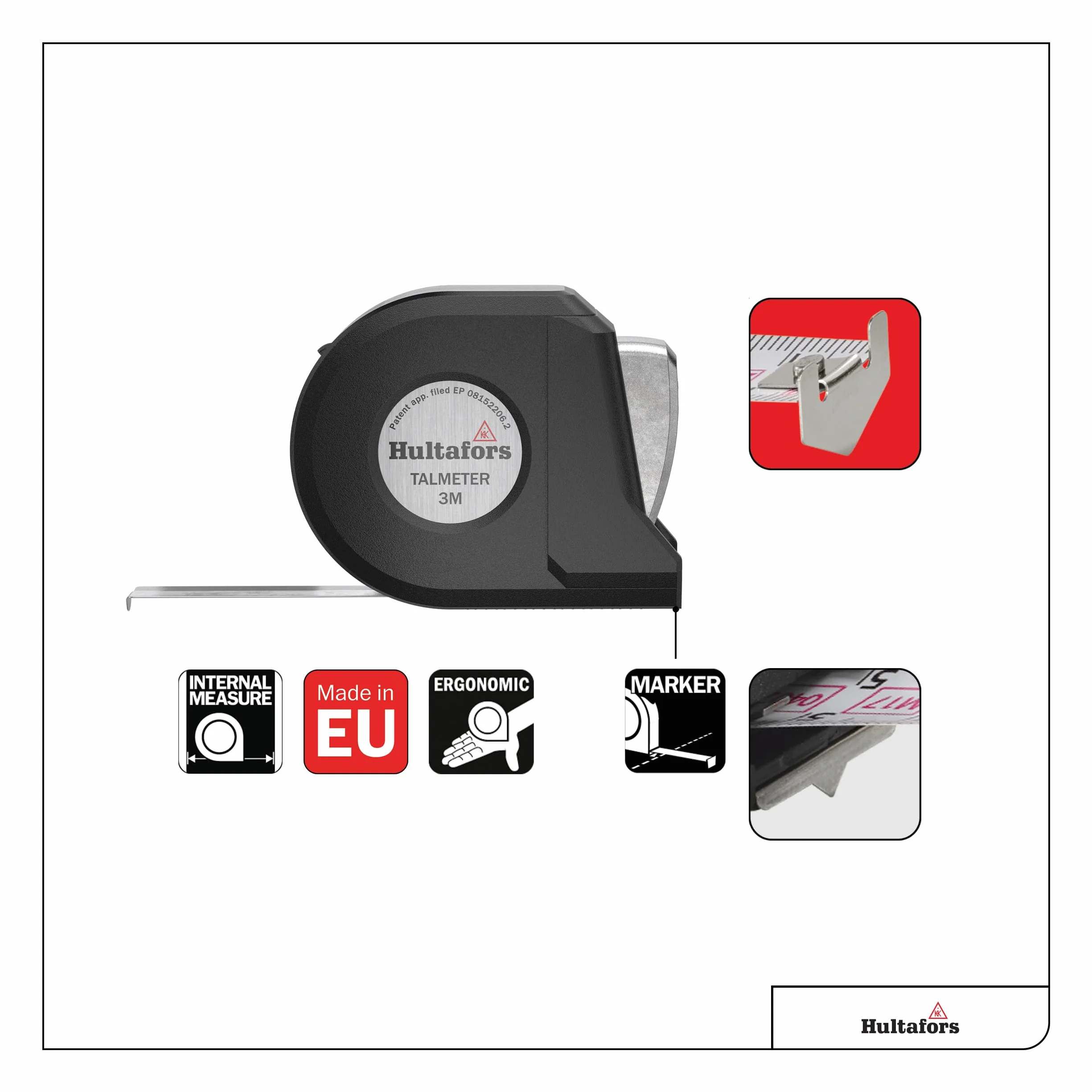 Talmeter flessometro 3 metri I Hultafors I Classe di precisione II I Prodotto in UE flessometro marcatore 7-in-1 con funzione speciale di misurazione e marcatura I 359203