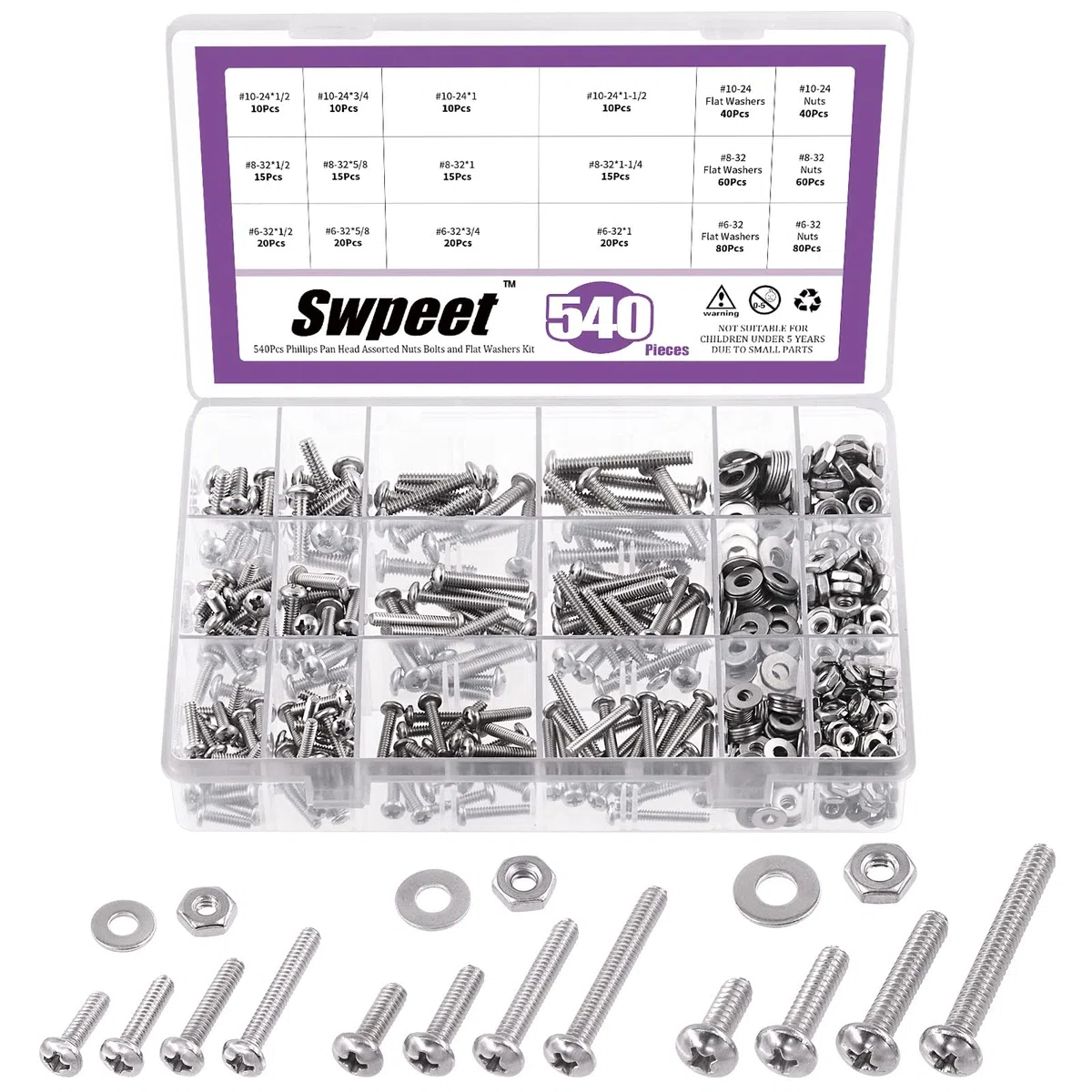 Swpeet 540Pcs #6-32#8-32#10-24 304 SAE Viti e dadi a testa piatta in acciaio inox Phillips con rondelle piatte, assortimento di viti in acciaio inossidabile per uso domestico
