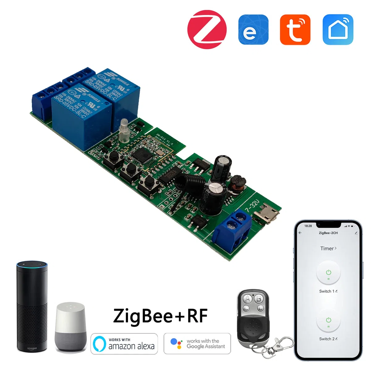 Zigbee Modulo Relè Intelligente a 2 Canali con Telecomando 433 RF, USB 5V 7-32V Micro/Interruttore di Blocco per Alexa Google Home (richiede ZigBee Hub)