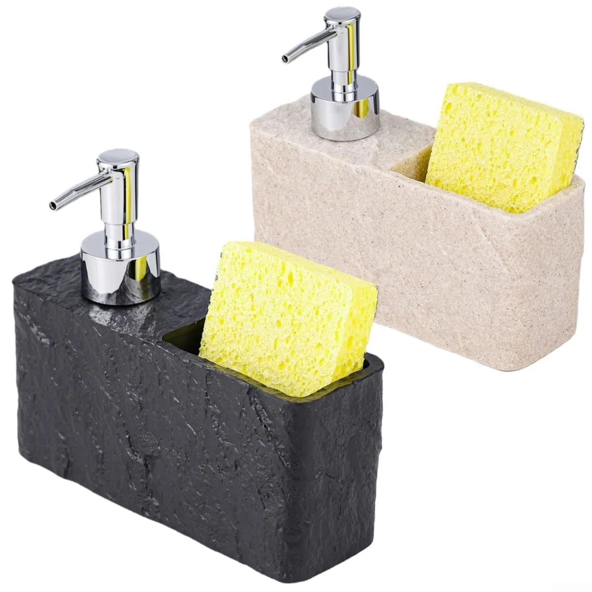 Dispenser di sapone per lavello da cucina e bagno, con supporto per spugna integrato, struttura in resina per una maggiore durata, accessorio per la pulizia salvaspazio (beige)