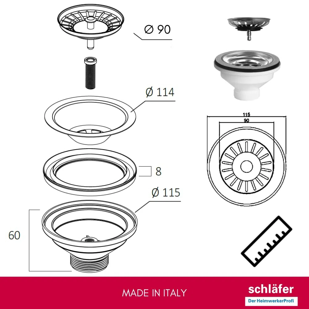 Schläfer 439726 | Piletta di Scarico per Lavello Tipo Basket Senza Troppo Pieno, Foro Ø 90mm, Pilettone Ø 114mm, Piletta Standard da 1"1/2 in Acciaio Inox con Vite e Cestello