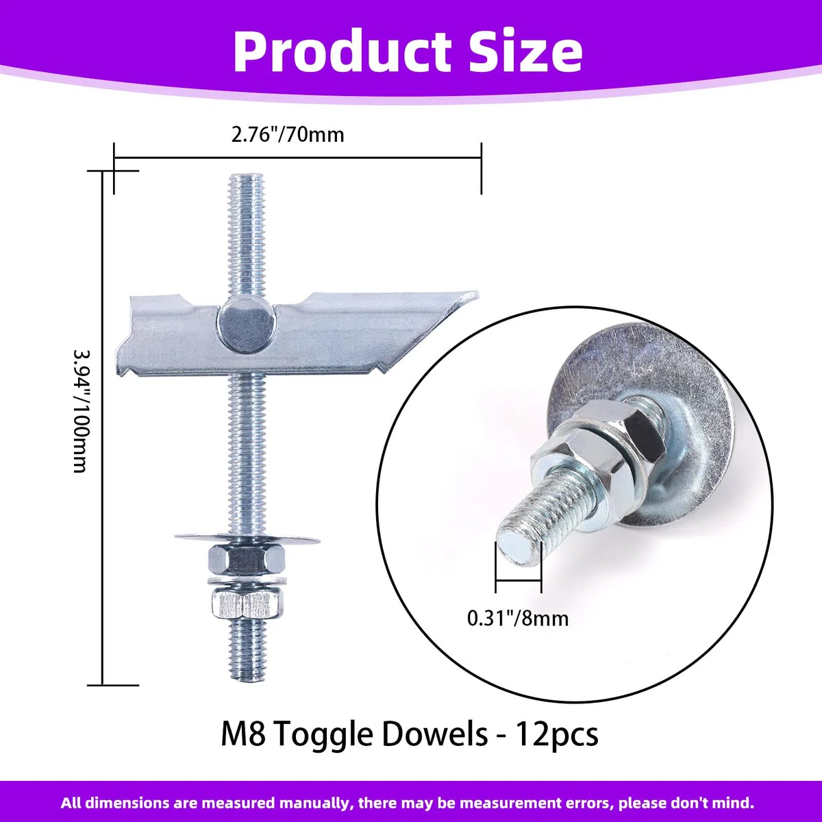 Swpeet 12 bulloni a levetta M8 x 100 mm, resistenti tasselli per cartongesso, kit di tasselli inclinabili per cartongesso, perni inclinabili con rondella e dado pieghevoli per appendere oggetti