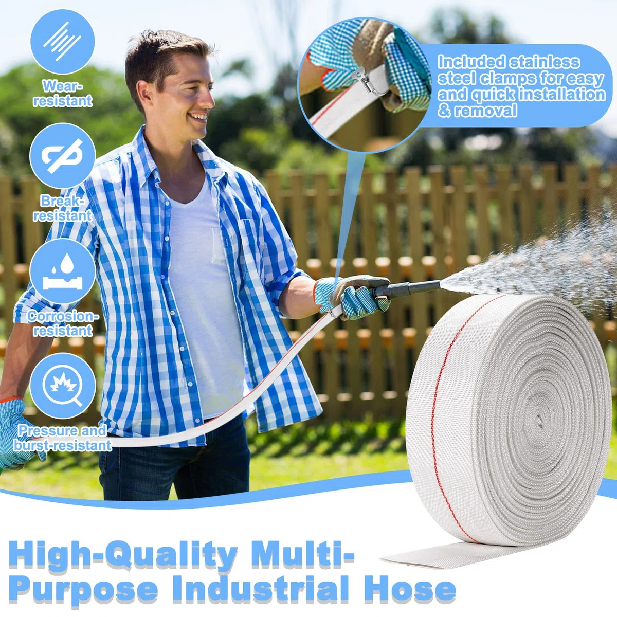 1/2 Pollici Tubo Acqua Tessuto con 2 Morsetti, Conduttura Acqua 32mm, Tubo Scarico Piatto Flessibile PVC, Conduttura Industriale per Pompe Sommergibili, Piscina, Giardino Irrigazione (Bianco)