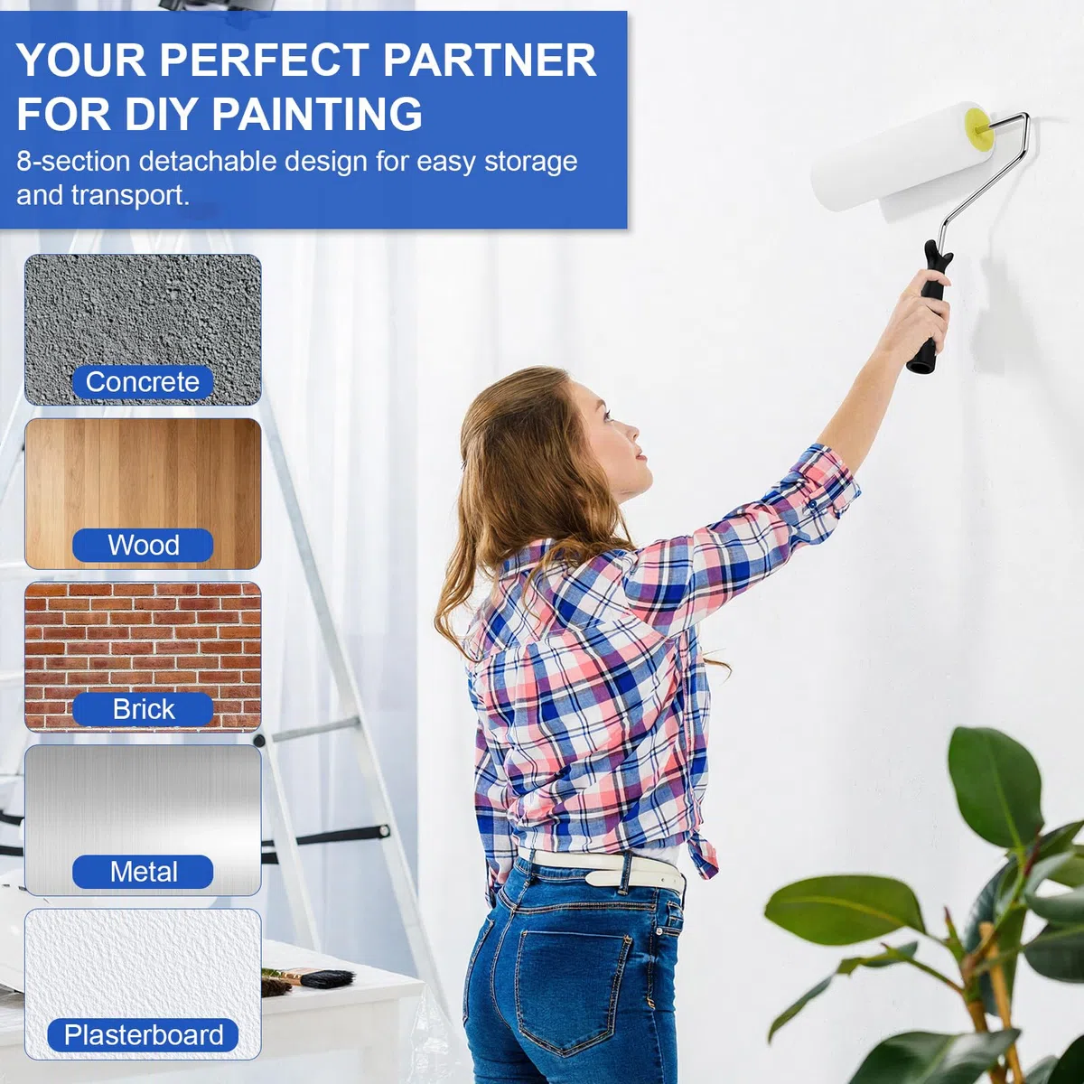 Rullo per Pittura da 23 cm con Asta di Estensione, Roller Paint Portatile con Impugnatura Antiscivolo e Grande Carico Vernice, Rullo in Microfibra Professionale per Pittura, Pareti, Soffitti
