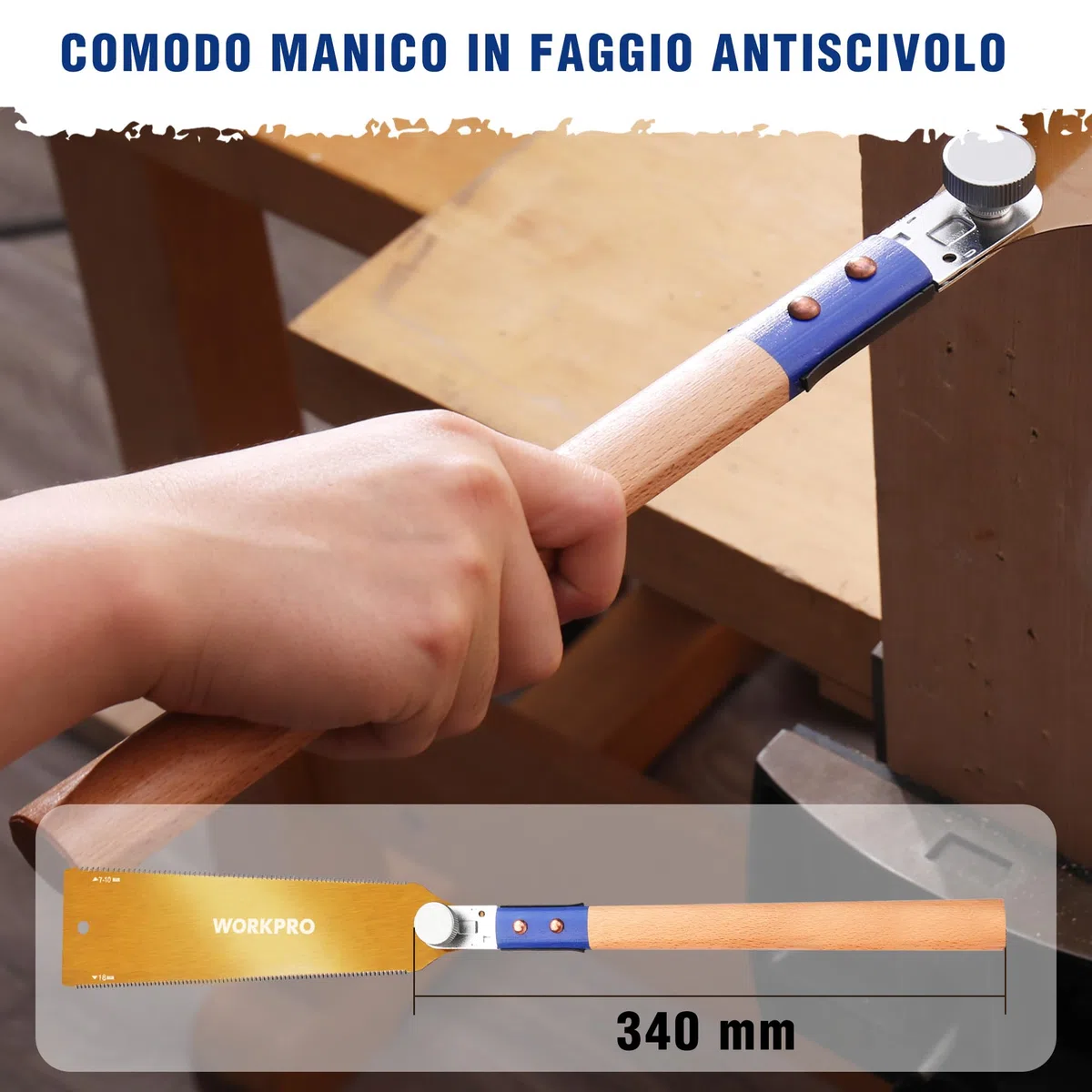 WORKPRO Sega Giapponese da 250 mm, con Lama Sk5 da 0,6 mm e Impugnatura in Legno, Sega Giapponese a Mano a Doppio Taglio 18TPI/7-10TPI, Sega Professionale Fine per Falegnami Fai da Te