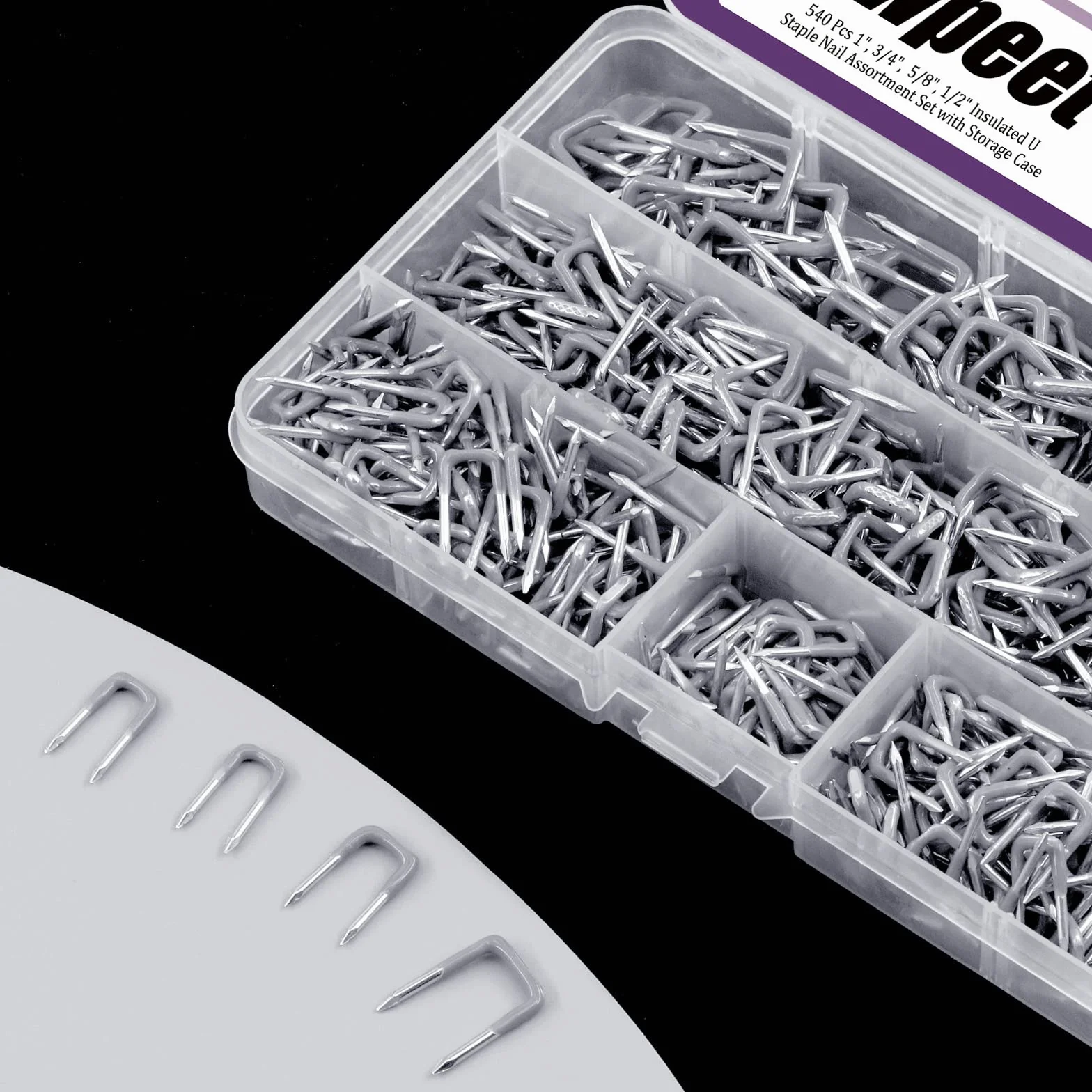 Swpeet 540 pezzi 5 misure 0,9 cm 1,0 cm 1,1 cm 1,4 cm isolati U graffette assortimento kit di diverse dimensioni graffette metalliche perfette per cavi di fissaggio in legno