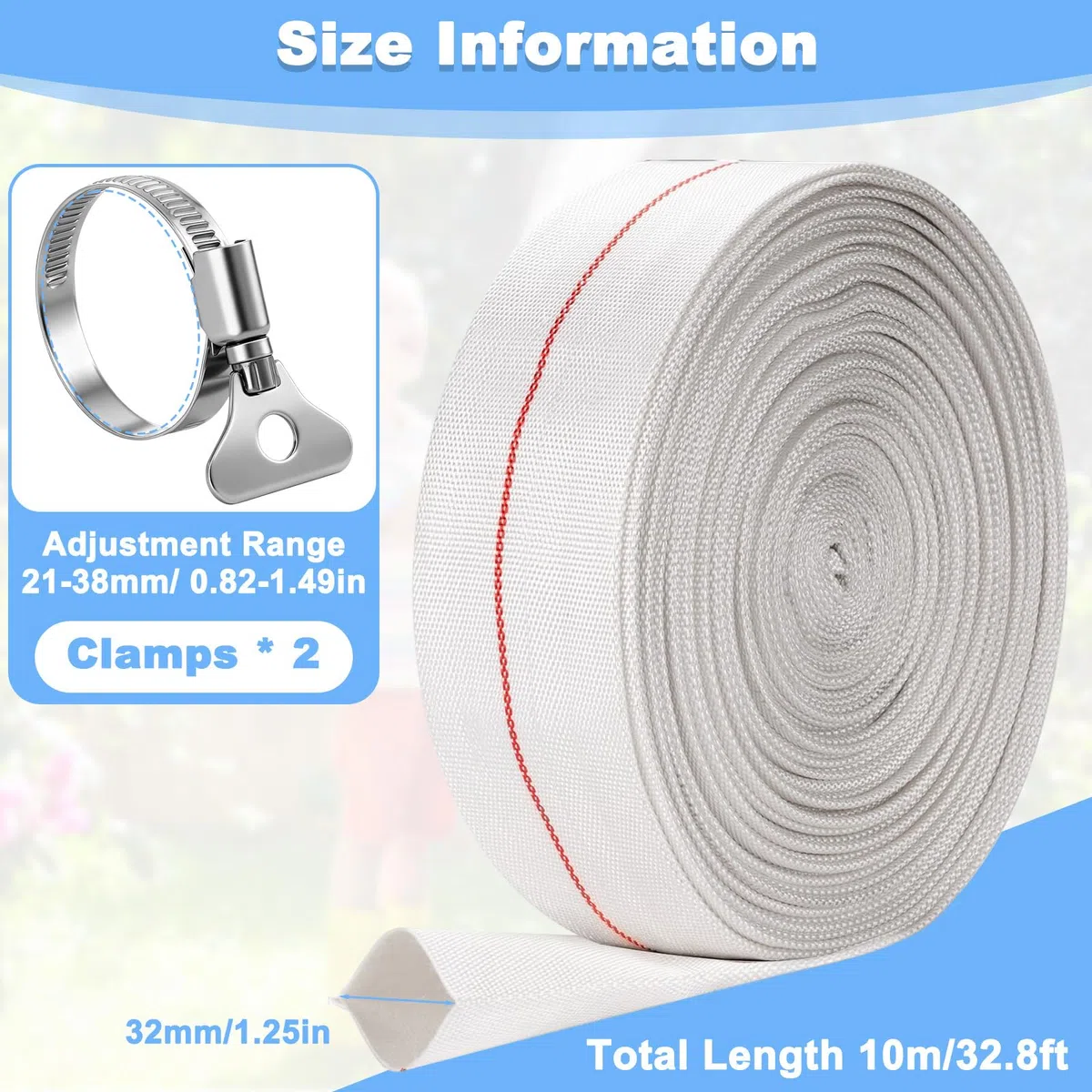 1/2 Pollici Tubo Acqua Tessuto con 2 Morsetti, Conduttura Acqua 32mm, Tubo Scarico Piatto Flessibile PVC, Conduttura Industriale per Pompe Sommergibili, Piscina, Giardino Irrigazione (Bianco)