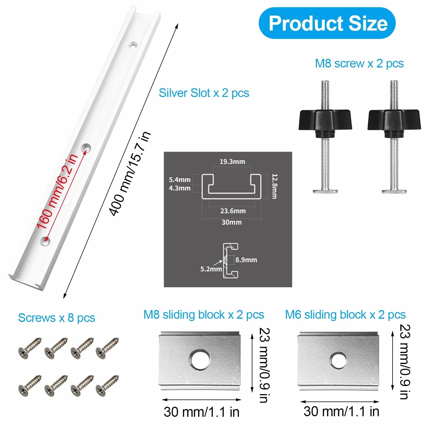 400mm 2 Pezzi T-Slot Profilo Alluminio, T Track per Falegname, T Binario di Scorrimento, Barre Alluminio, con 8 Viti Autofilettanti, 2 Vite di Fermo M8, 2 Blocco Scorrevole M6, 2 Blocco Scorrevole M8