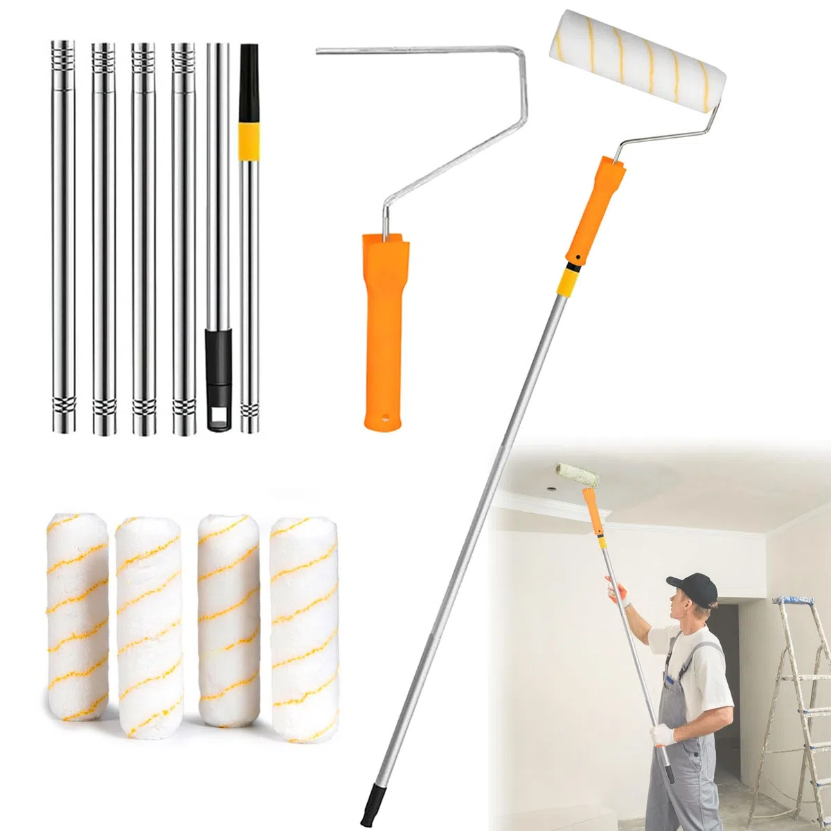 Rullo Pittura con Asta Telescopica Regolabile 30-180cm - Kit Completo per Pittura Murale - Strumento Professionale e Lungo per Verniciare Pareti