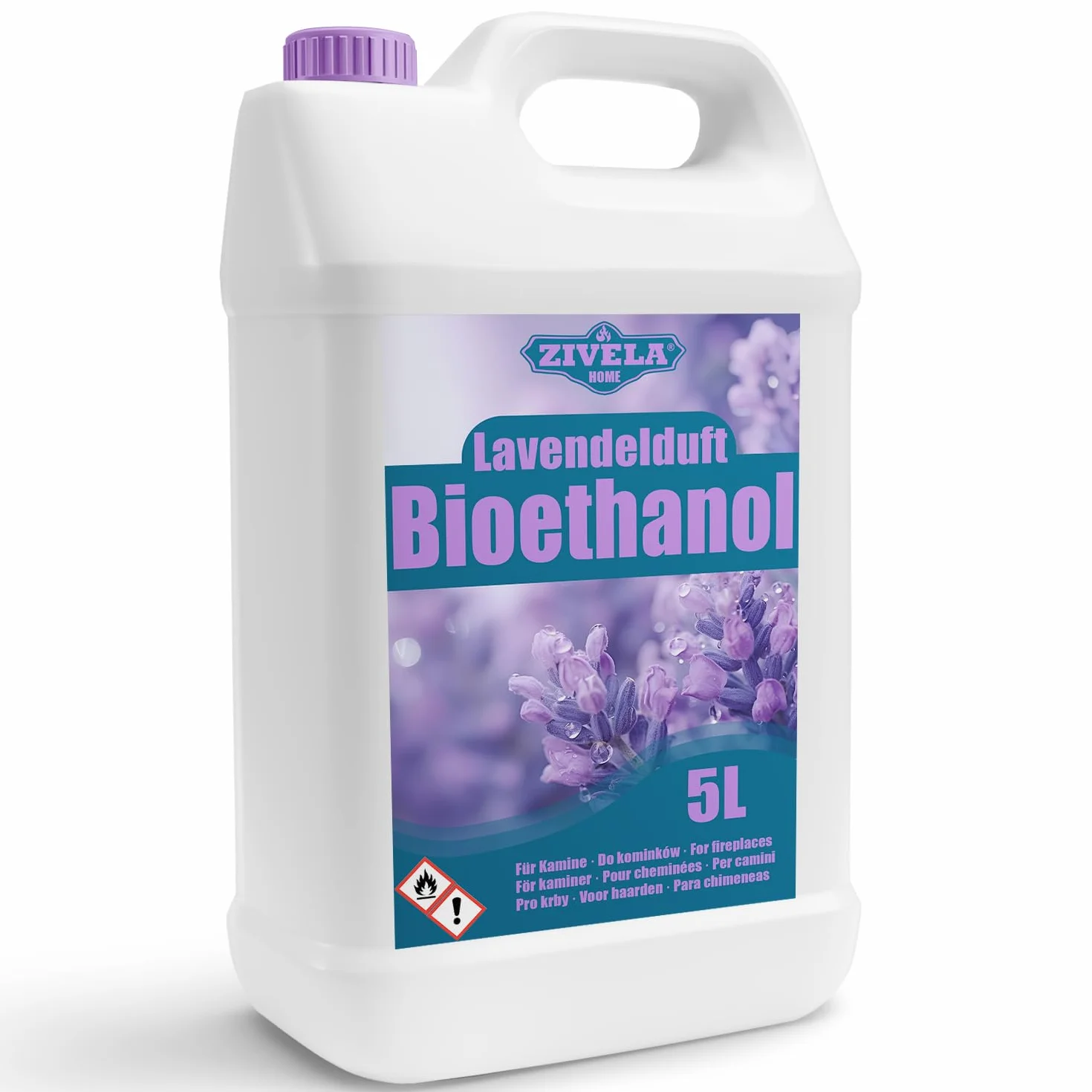 Bioetanolo 96,6% 5 l, profumo di lavanda di alcool biologico 96,6% 5 l, bioetanolo per camino, caminetto, camino a bioetanolo, profumo di lavanda, combustione pulita, senza fumo, fiamma vivida e