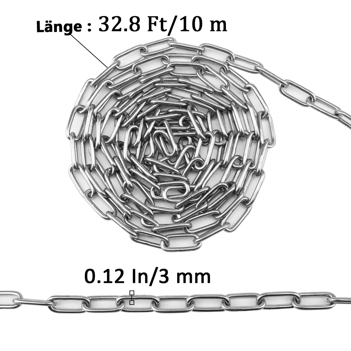 Catena in acciaio inox, 10 m x 3 mm, saldata, catena in acciaio inox, catena a maglie corte, per fai da te, catena girevole, asciugatura della biancheria