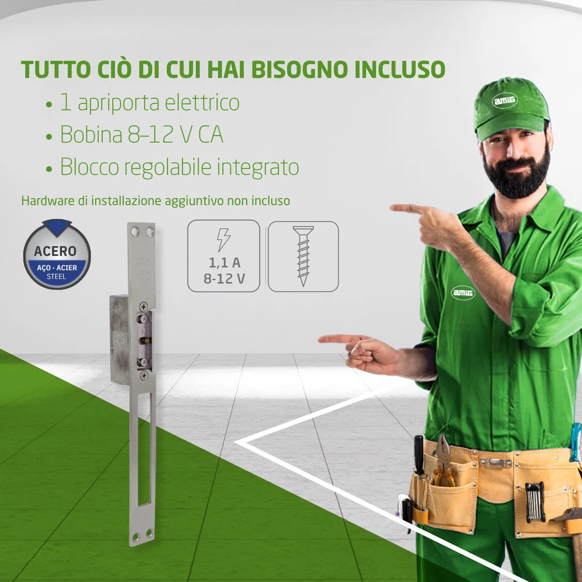 Amig - Apriporta Elettrico da Incasso per Porte | Mod.20 | 250 x 25 x 3 mm | Amperaggio: 1,1 A | Include Bobina da 8-12 V di Corrente Alterna | Serratura per Portales, Tendine o Ufficio