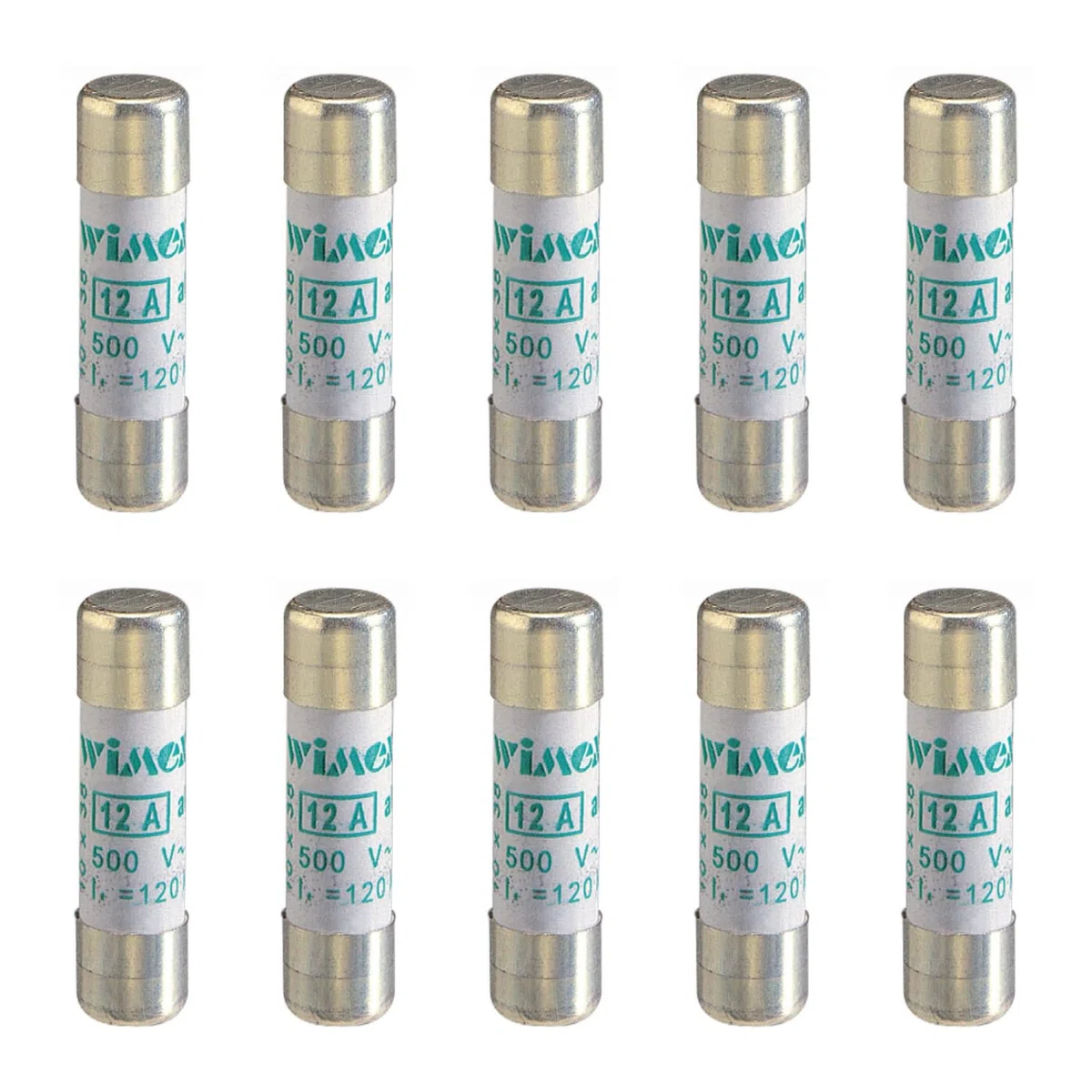Confezione da 10 fusibili, cilindrico 10x38 10,3x38mm, 500V 0,5A 500mA, impiego aM, protezione correnti di spunto, motori, trasformatori, in ceramica, steatite, Potere interruzione 120KA