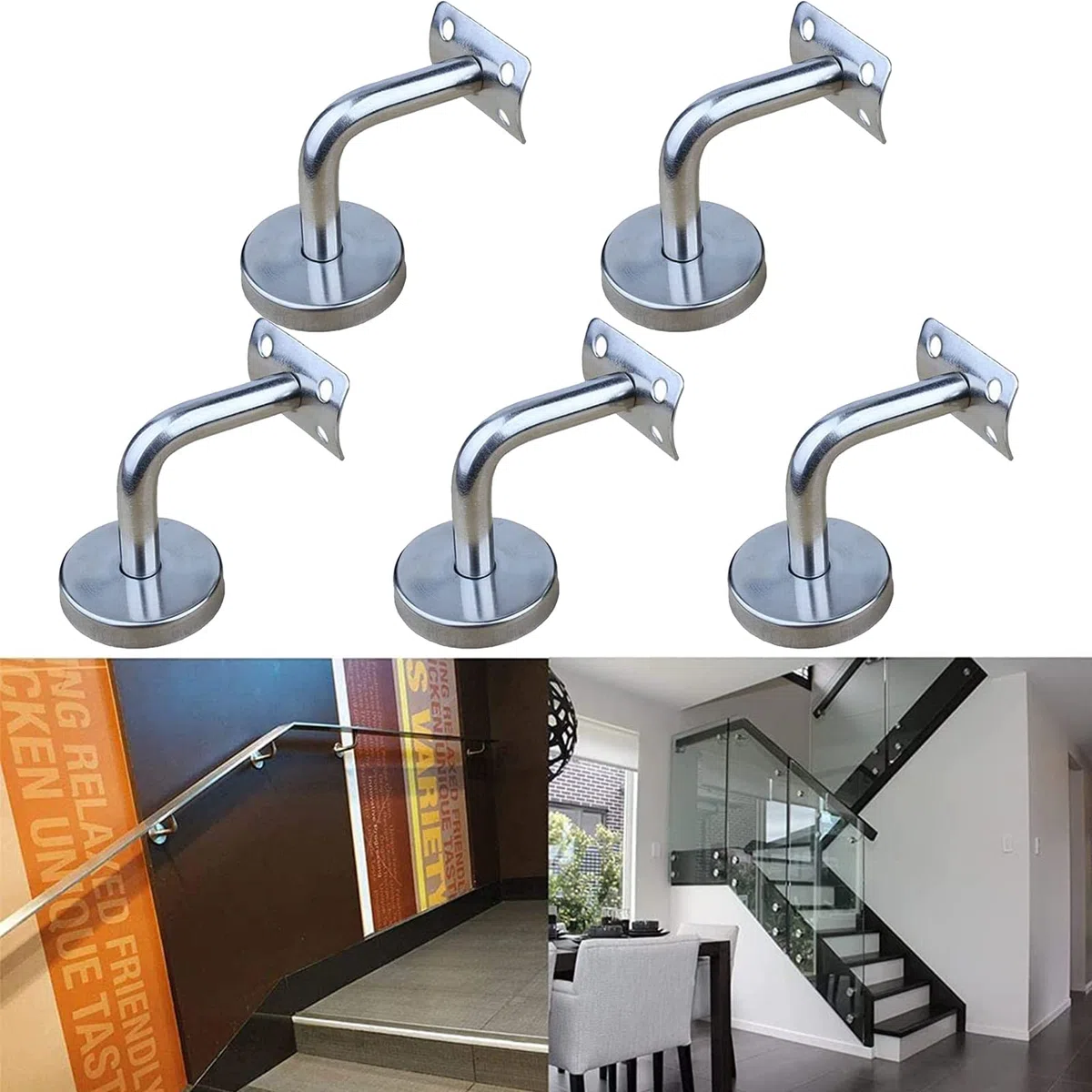 5PCS Staffa per Corrimano, Staffa per Corrimano in Acciaio Inossidabile Supporti a Parete per Corrimano, Utilizzati per Corrimano Scale per Scale interne ed Esterne (Argento)