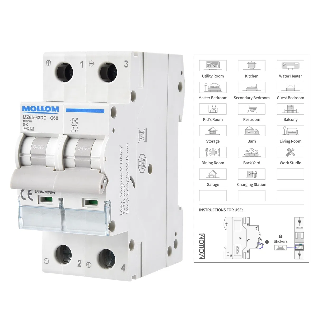 MOLLOM DC 2P Interruttore automatico miniaturo,400V 60A,nterruttore termomagnetico MCB personalizzato con visualizzazione della scena,capacità di interruzione 6KA per sistema PV solare