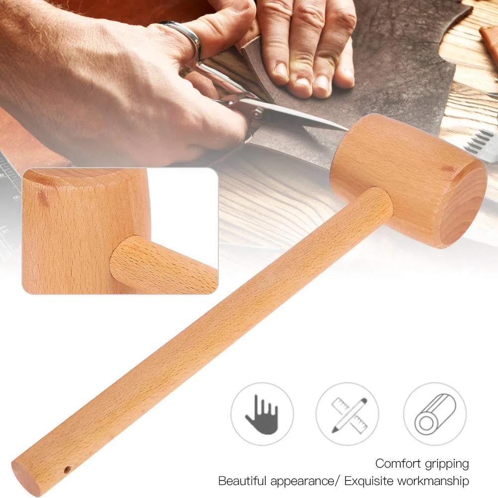 Martello in Legno Resistente, per la Lavorazione del Legno e Stampa su Pelle, con Manico in Legno di Faggio Ergonomico, Peso 185g, Lunghezza 295mm