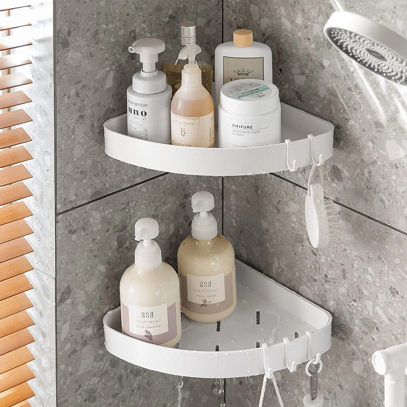 Toski Mensola da Angolo per Bagno, Porta Doccia, 2 Pezzi, Senza Foratura, Bianco, Organizzatore con 4 Ganci