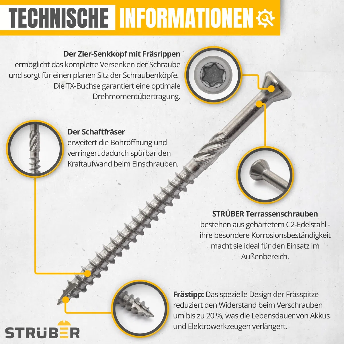 STRÜBER Viti per terrazze con testa svasata decorativa e impronta Torx (5,0 x 60 mm / 200 pezzi/TX-25) - Vite per legno in acciaio inox temprato C2 - inserto S2 TX incluso