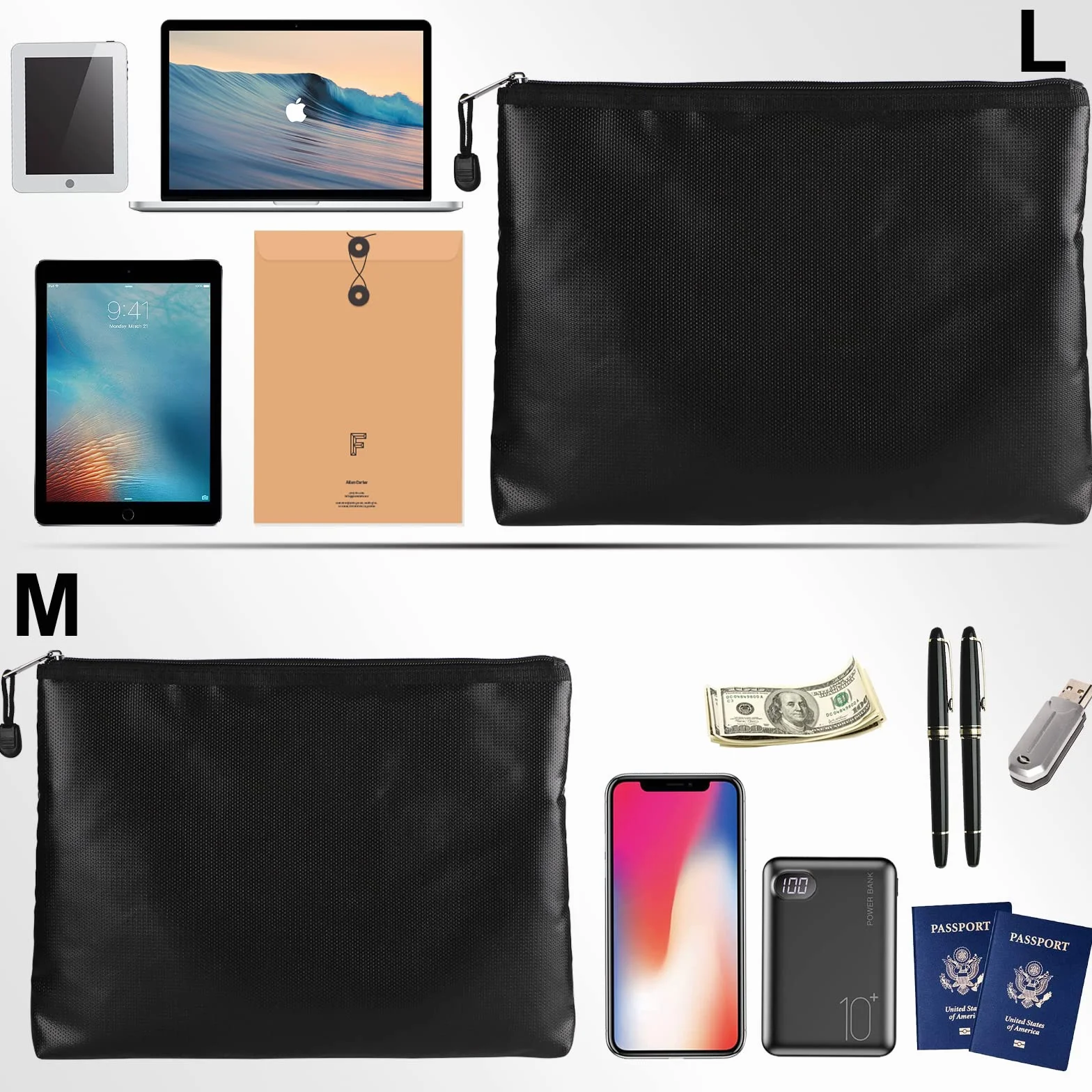 DBREAKS 2 Pezzi Borsa per documenti ignifuga 29 x 20 cm, Nero Borsa a prova di fuoco, borsa impermeabile del documento, Sacchetto Antincendio Impermeabile, per documenti, contanti, passaporto