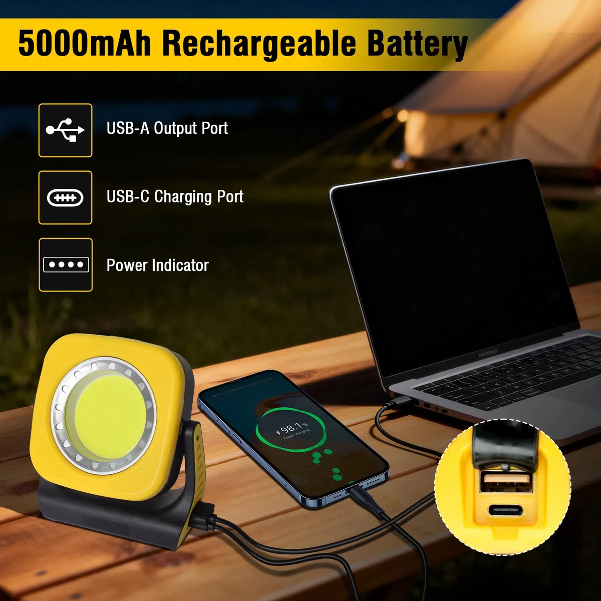 Lampada da Lavoro a LED Ricaricabile con Magnetico,Lunga Autonomia | 2 modalità, orientabile, 5000 mAh, 1000 LM, impermeabile, ideale per officine, riparazioni auto e cantieri