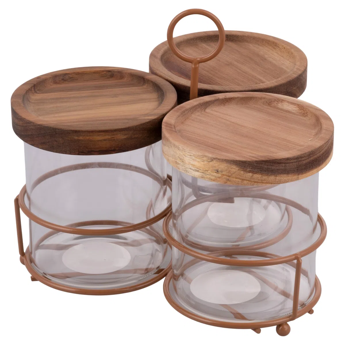 Villa d'Este Home Tivoli 1996 Set 3 barattoli 390 ml in vetro borosilicato, coperchio in legno di acacia e stand in ferro, 4 Toni