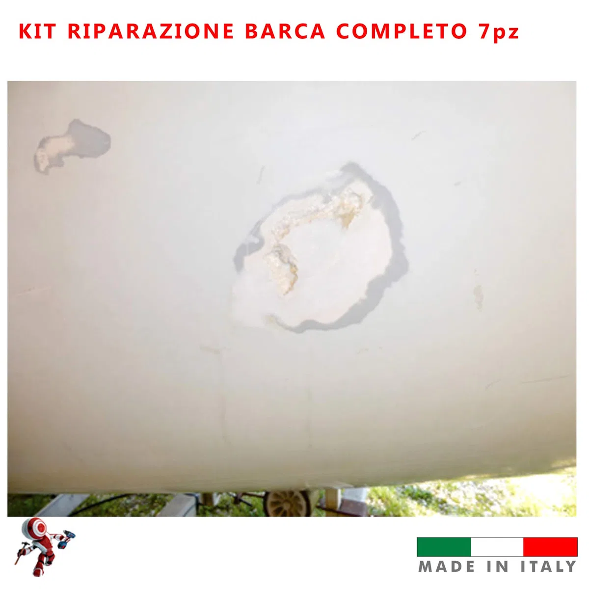 Kit riparazione barche e piscine in vetroresina formato da Resina liquida catalizzatore Foglio in fibra 1 mq Gelcoat paraffinato bianco stucco resina pasta abrasiva per lucidare pennello