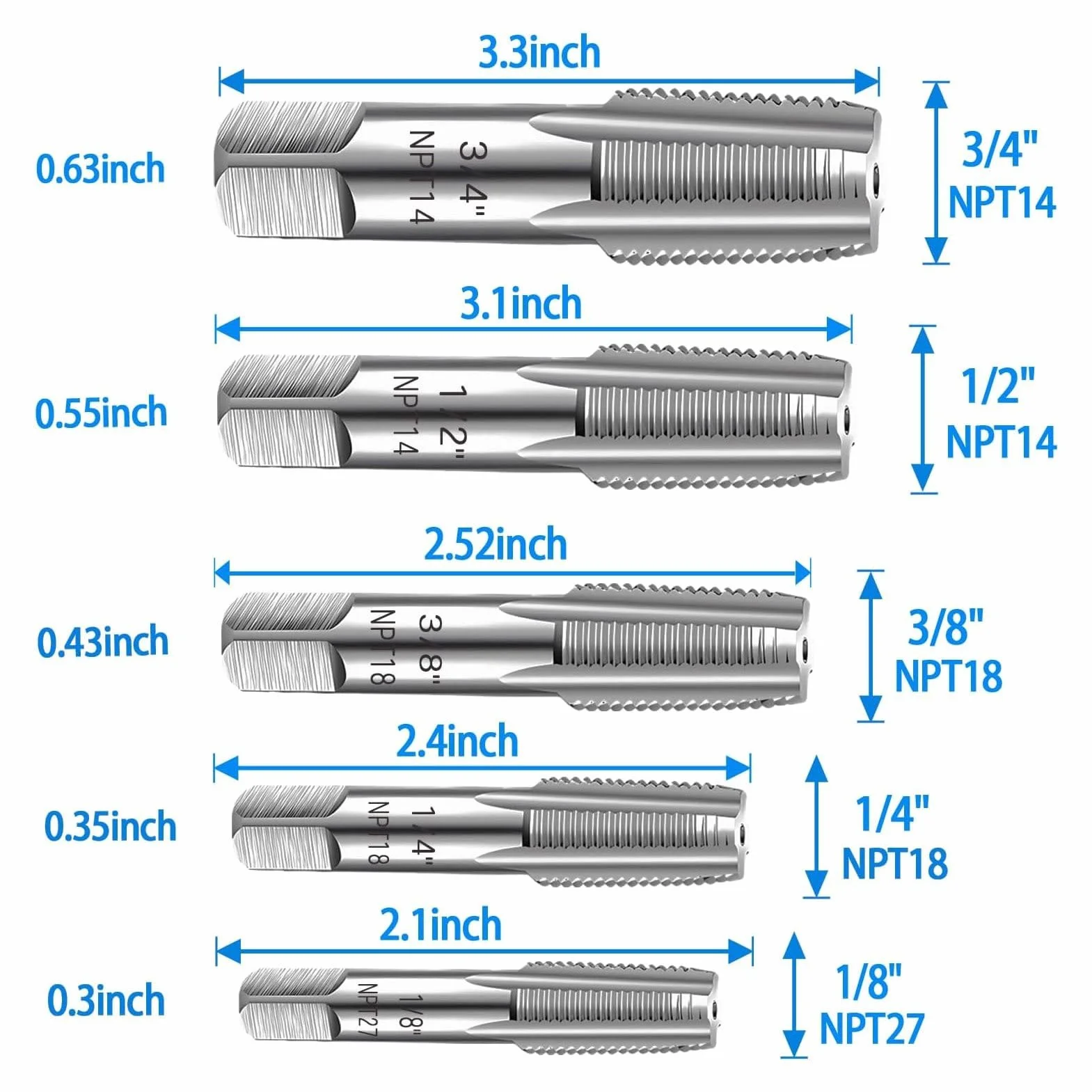 Set di Rubinetti per Tubi NPT da 5 Pezzi, Set di Rubinetti Idraulici con Filettatura in Acciaio Al Carbonio con Custodia, Dimensioni Incluse 3/4, 1/2, 3/8, 1/4, 1/8 Pollici