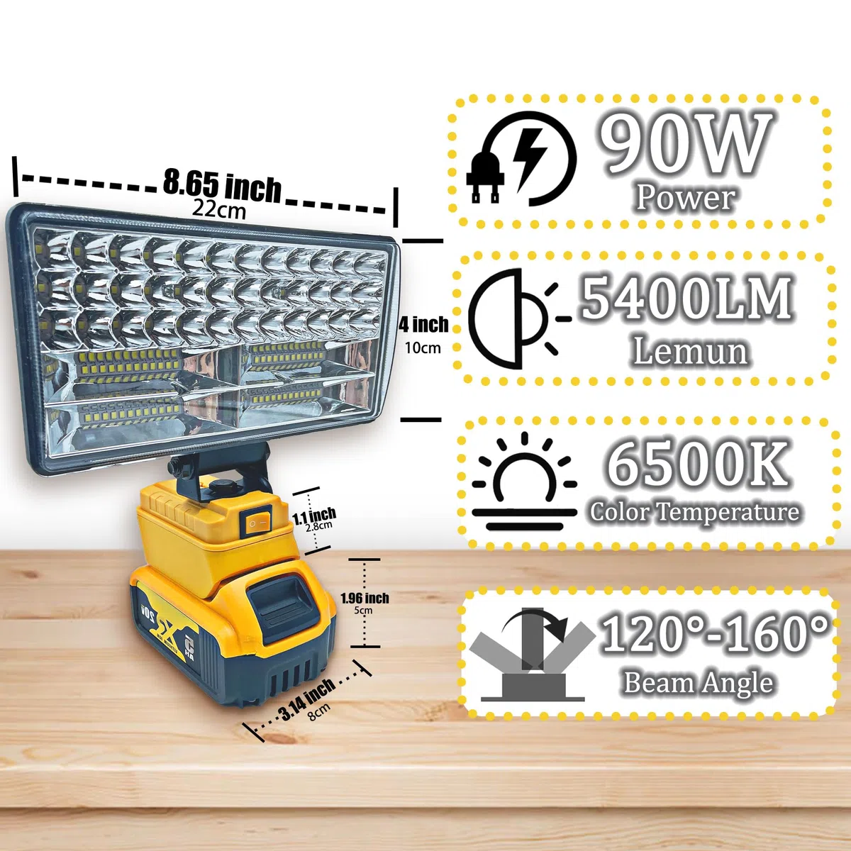 Luce da lavoro a LED senza fili per batteria Dewalt da 20 V, 90 W, 5400 ml, luce LED a fascio largo con due porte di ricarica USB, luce LED per emergenza, officina, garage (senza batteria)