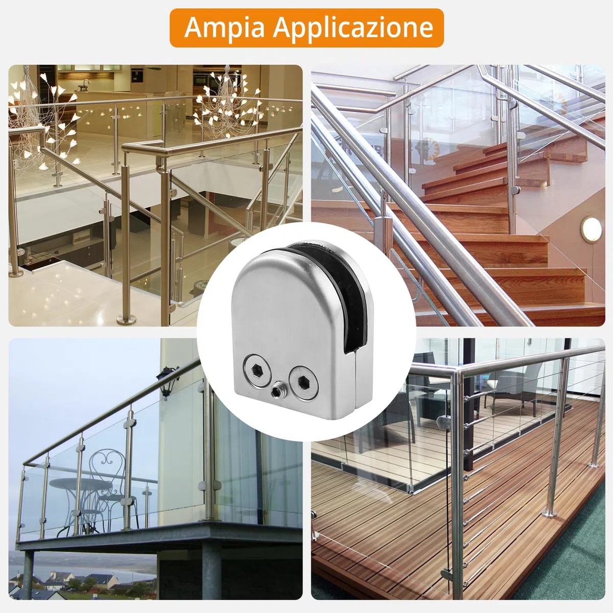 Neoteck 8 Pezzi Supporto Clip in Acciaio Inossidabile 201 per Vetro, Fissaggio per Corrimano da 8-9mm, Morsetto in Acciaio Inox per vetro Regolabile con Gomma e Vite Micro-Regolante