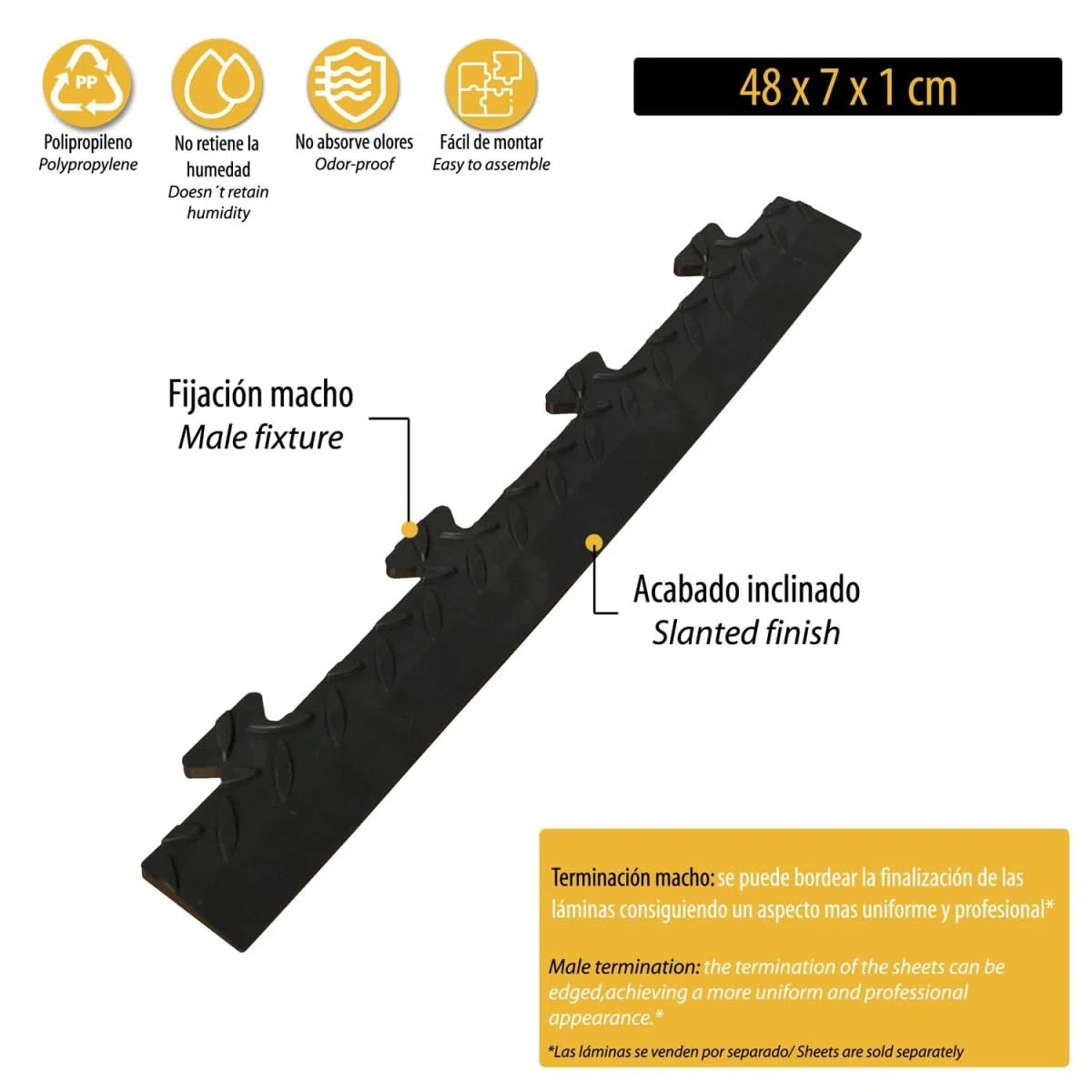 INTEC - Confezione di 5 cordoli maschi per piastrelle in PVC nero con clip per pavimento antiscivolo quadrato Garage Atelier PS50CRN/M