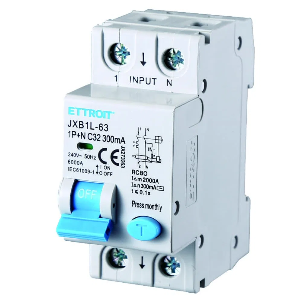 230V 32A C32, INTERRUTTORE MAGNETOTERMICO DIFFERENZIALE SALVAVITA, 1P+N, MONTAGGIO SU BARRA DIN, 2 MODULI, 300mA, 6KA 6000A, RCBO, 240VAC