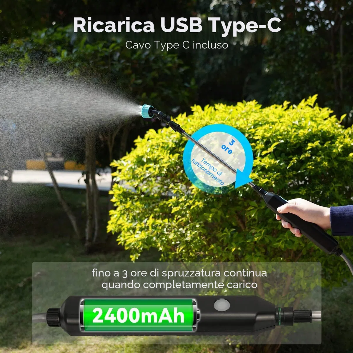 Pompa Irroratrice a Batteria 5V/2400mAh, Spruzzatore a Pressione Elettrico, Nebulizzatore Piante con 3 Ugelli e Tubi da 5M, Spruzzino Nebulizzatore Acqua Retrattile per Irrigazione