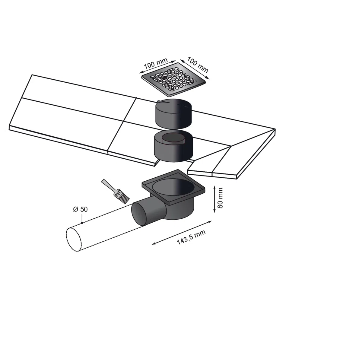 Wirquin 30720725 Sifone da pavimento in muratura 10x10 mm con griglia a rulli, grigio