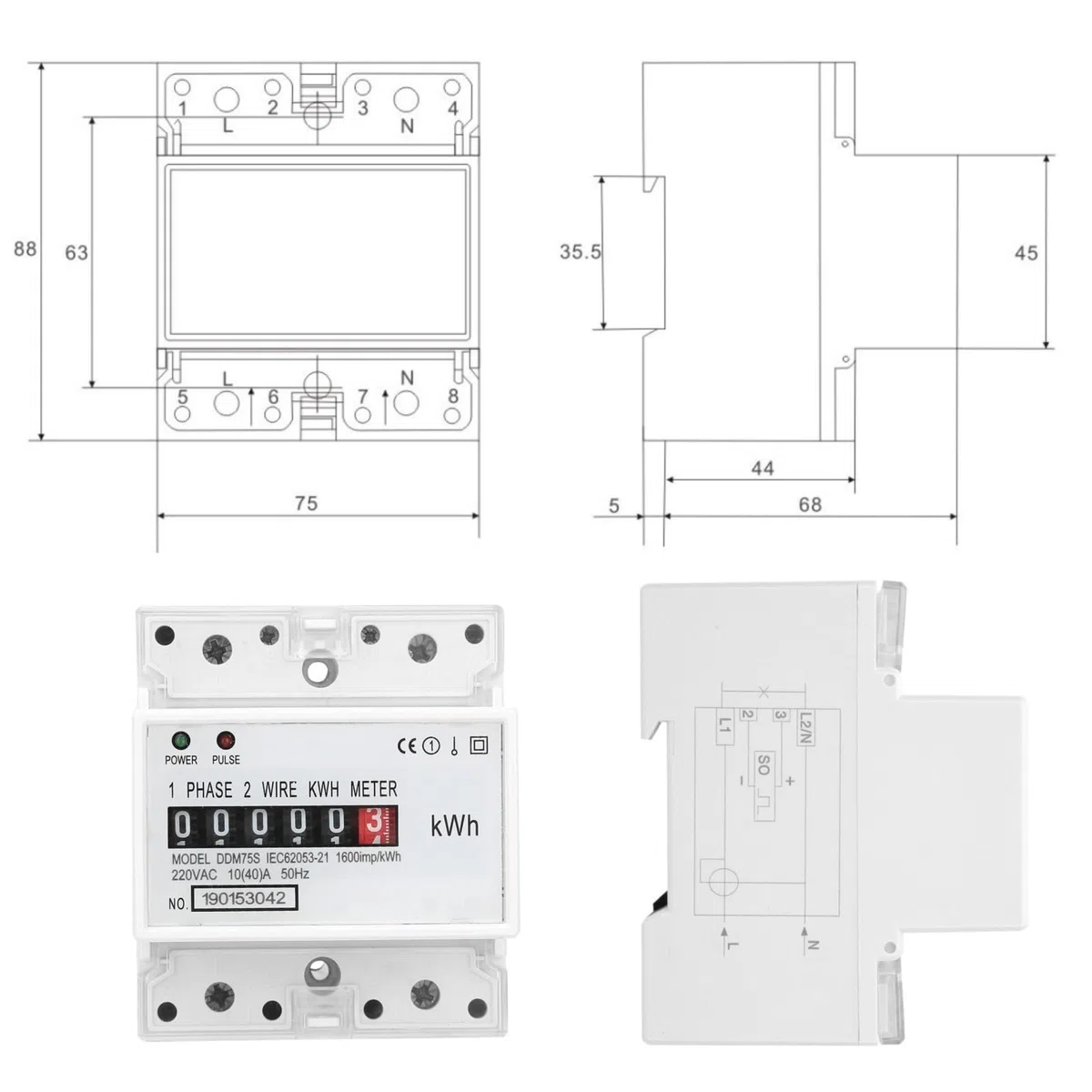 DDM75S Contatore monofase 4P su guida DIN, contatore di kWh per DIN EN50022, contatore montato su guida per il monitoraggio dell'utilizzo di energia elettrica