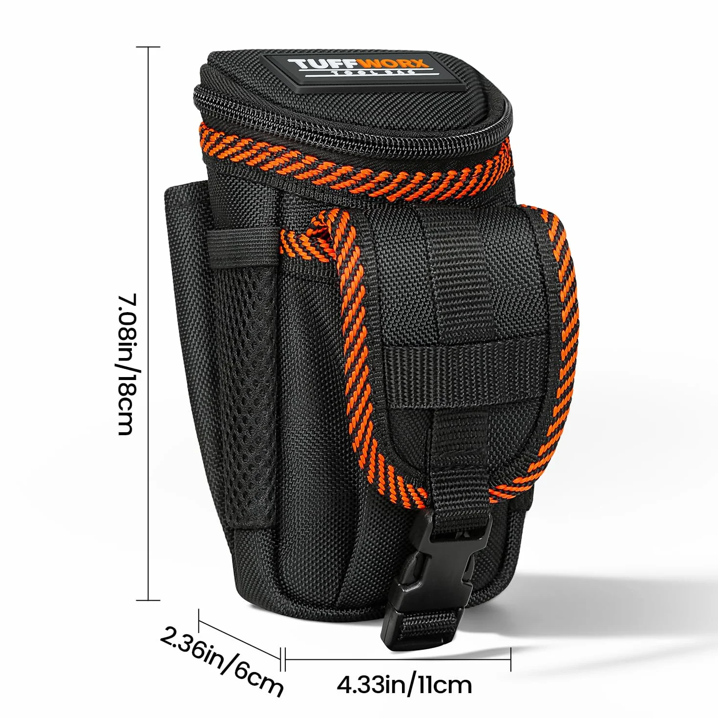 Borsa porta utensili con clip da cintura, Nero-Arancio, Robusta costruzione in nylon, Design con cerniera