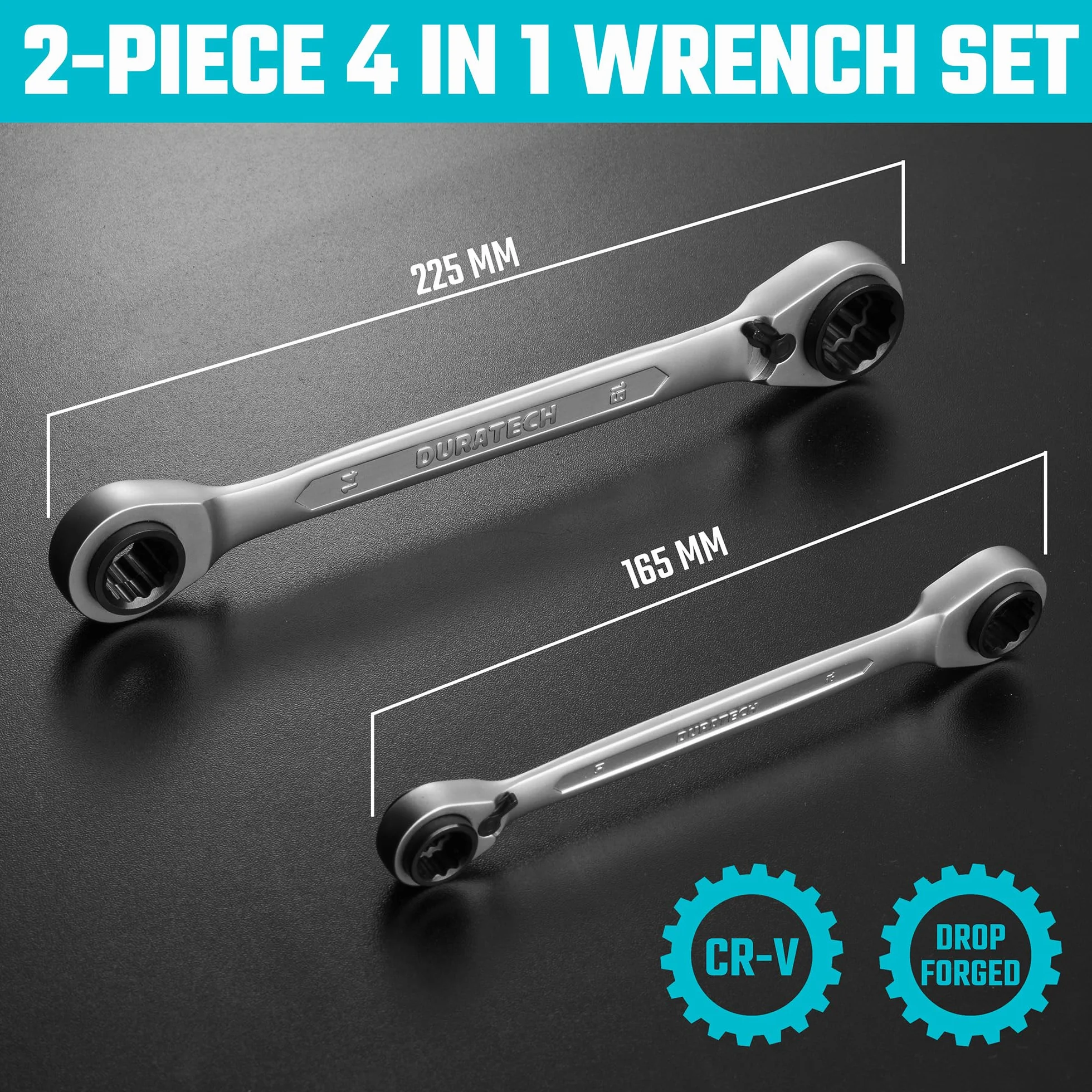 Duratech Set di 2 chiavi a cricchetto reversibile 4 in 1, 8 - 19 mm, chiavi a cricchetto a doppio anello metriche, 72 denti, in acciaio al cromo vanadio, con astuccio arrotolabile
