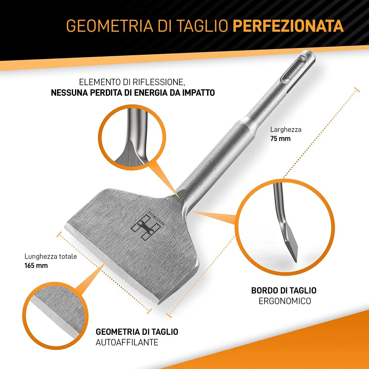 HARDTWERK Scalpello per piastrelle Turbo SDS Plus, 165 x 75 mm, scalpello piatto largo per rimuovere piastrelle e colla da piastrelle, per perforatore, scalpello largo