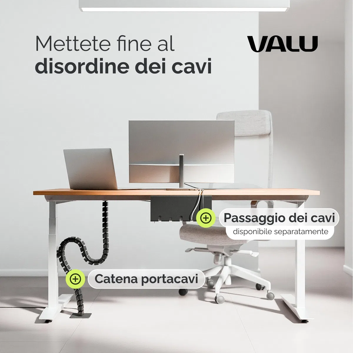 VALU canalina passacavi per scrivanie fino a 125 cm – stabile, flessibile con catena magnetica – Gestione cavi scrivania regolabile in altezza e fissa – base in acciaio e gommini antiscivolo