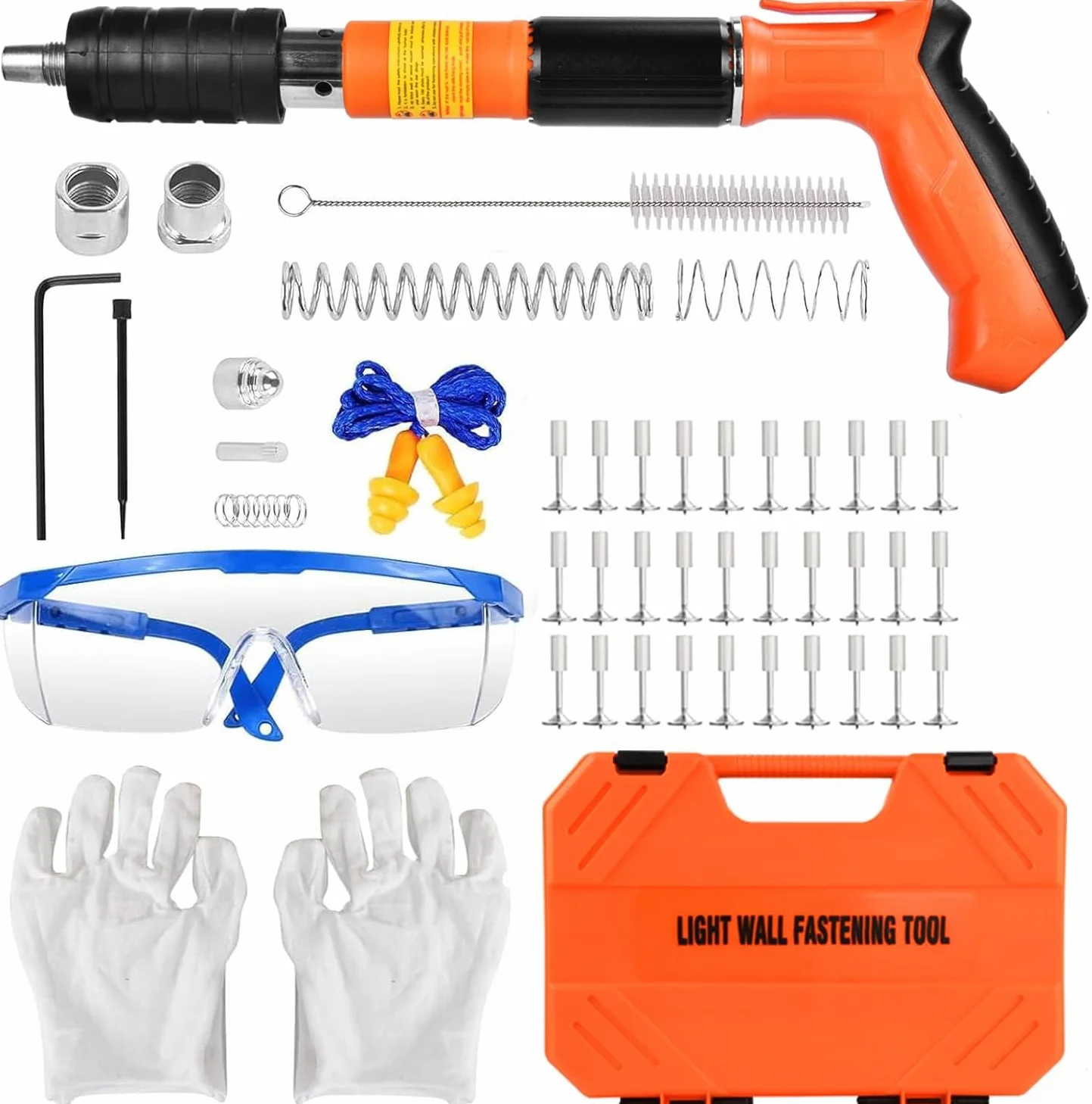 Pistola Chiodatrice Manuale per Calcestruzzo e Acciaio, Mini Chiodatrice con 5 Livelli di Potenza Regolabili, Silenziosa, Kit con 220 Chiodi e Accessori per Parete, Soffitto e Canalina (Arancione)